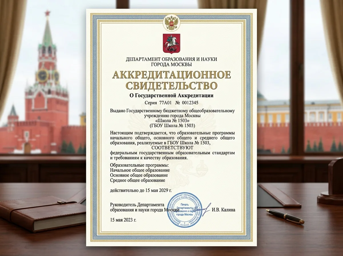 Аккредитационное свидетельство Московского Департамента образования, подтверждающее качество образовательных программ школы, официальный бланк