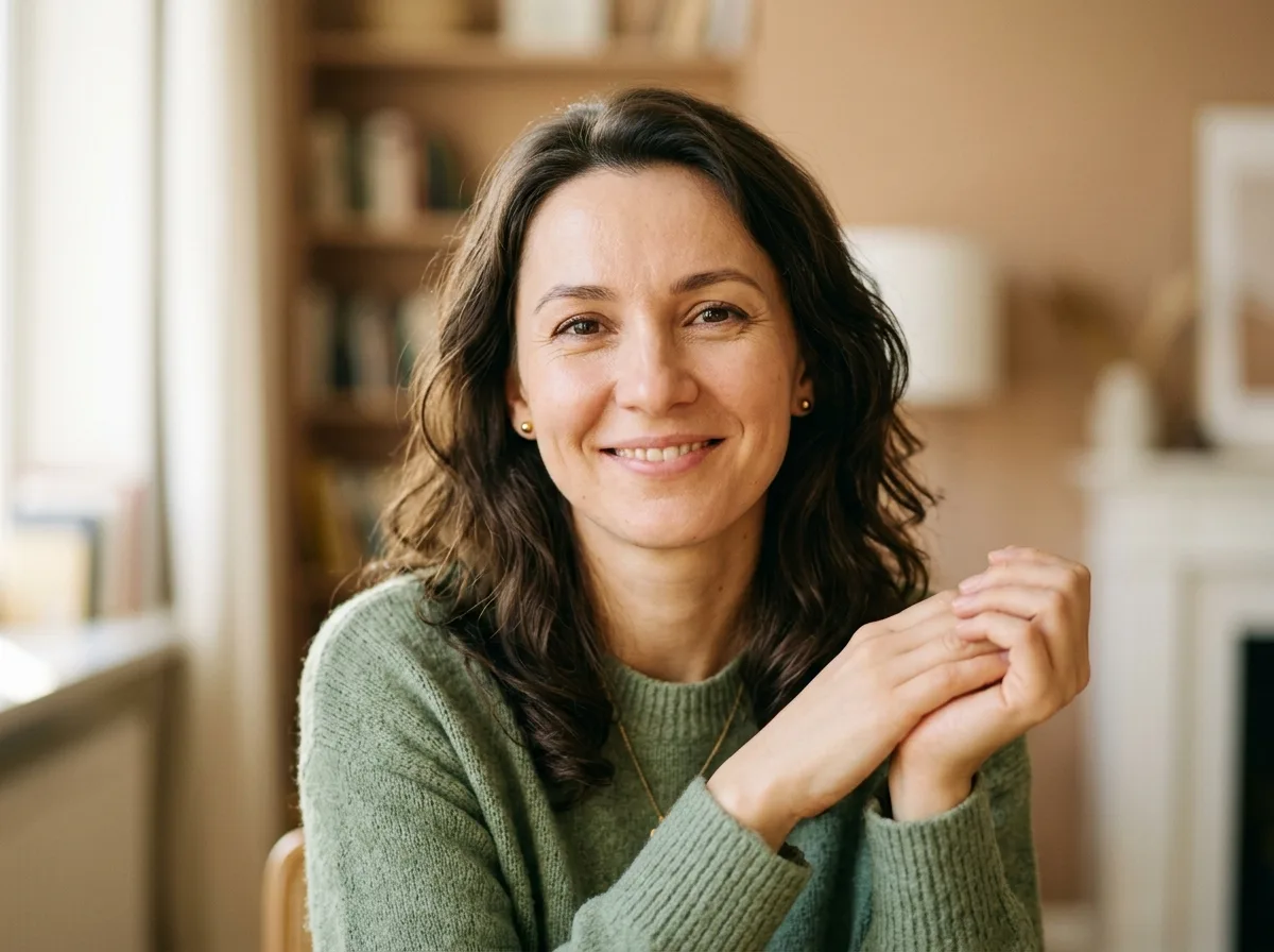 Портрет женщины, Татьяна Волкова, добрая улыбка, нейтральный фон, тёплый свет, выражает доверие